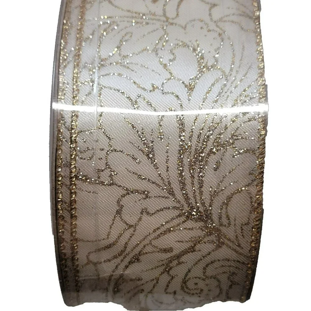 SWC Wired Ribbon 50 Yards‎ Cream Gold Glitter Floral Scroll 2.5 Inch Designer
